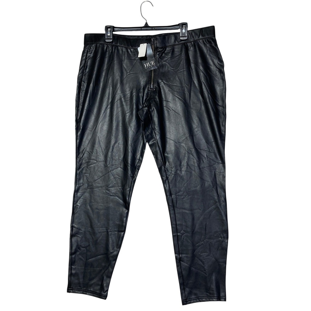 NWT Hue Studio Womens XXL Faux Leather Leggings Black High Rise Exposed Zip New